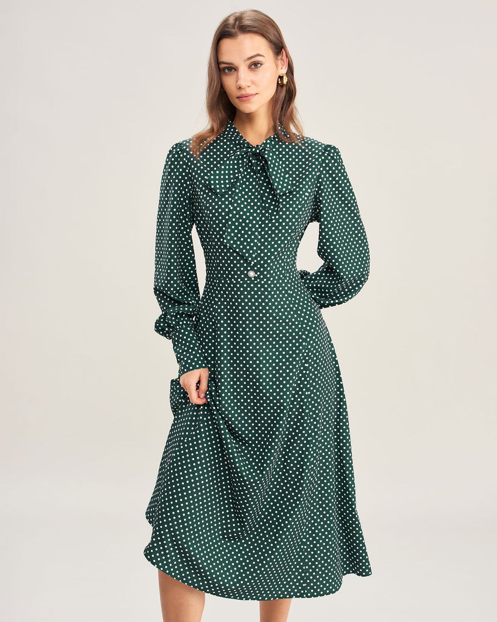 Green Midi Dress with Polka Dot Tie Neck