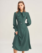 Green Midi Dress with Polka Dot Tie Neck