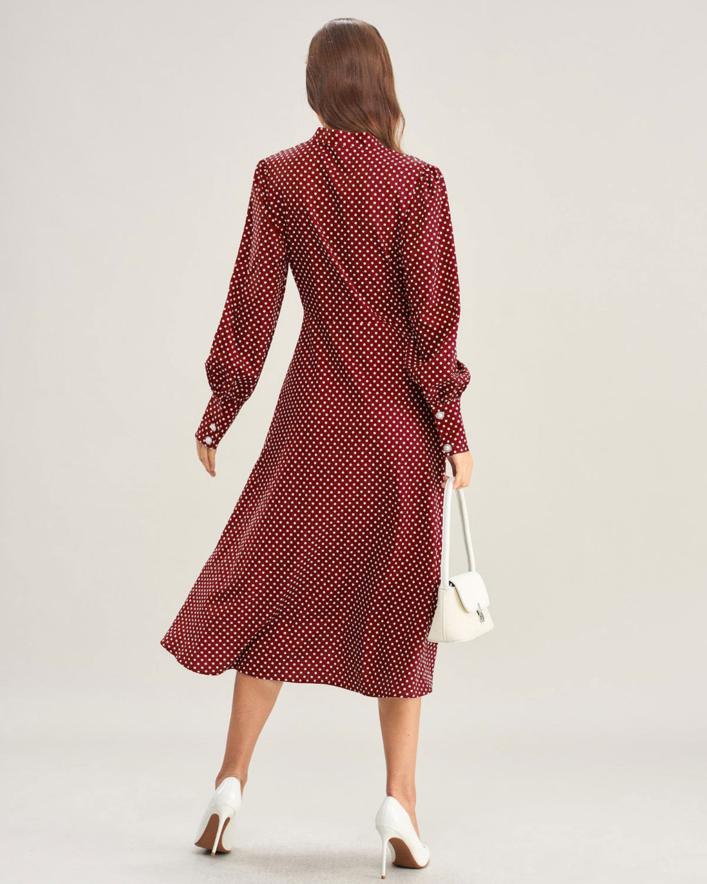 Polka Dot Midi Dress with Bishop Sleeves in Wine Red