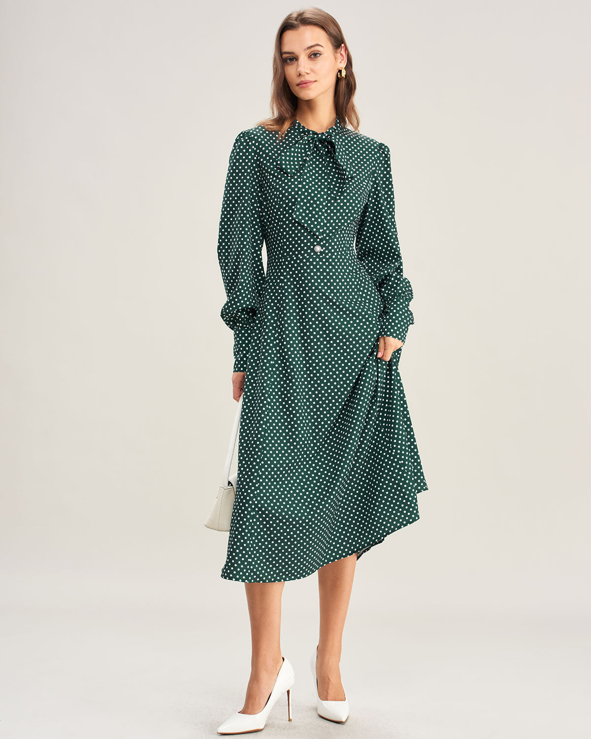 Green Midi Dress with Polka Dot Tie Neck