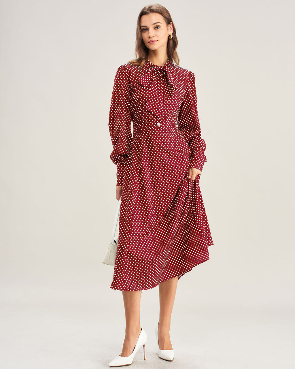 Polka Dot Midi Dress with Bishop Sleeves in Wine Red