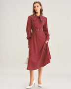 Polka Dot Midi Dress with Bishop Sleeves in Wine Red