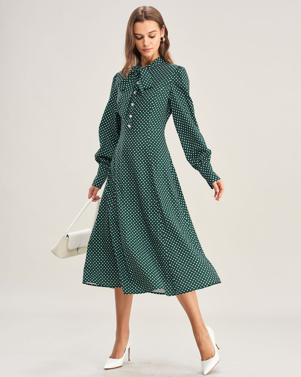 Green Midi Dress with Polka Dot Tie Neck