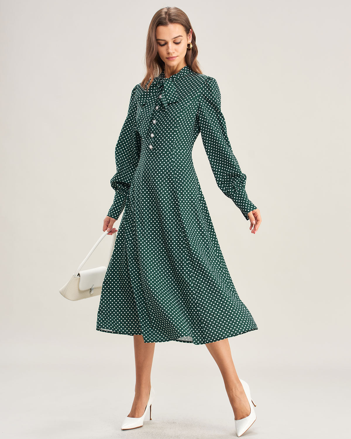 Green Midi Dress with Polka Dot Tie Neck