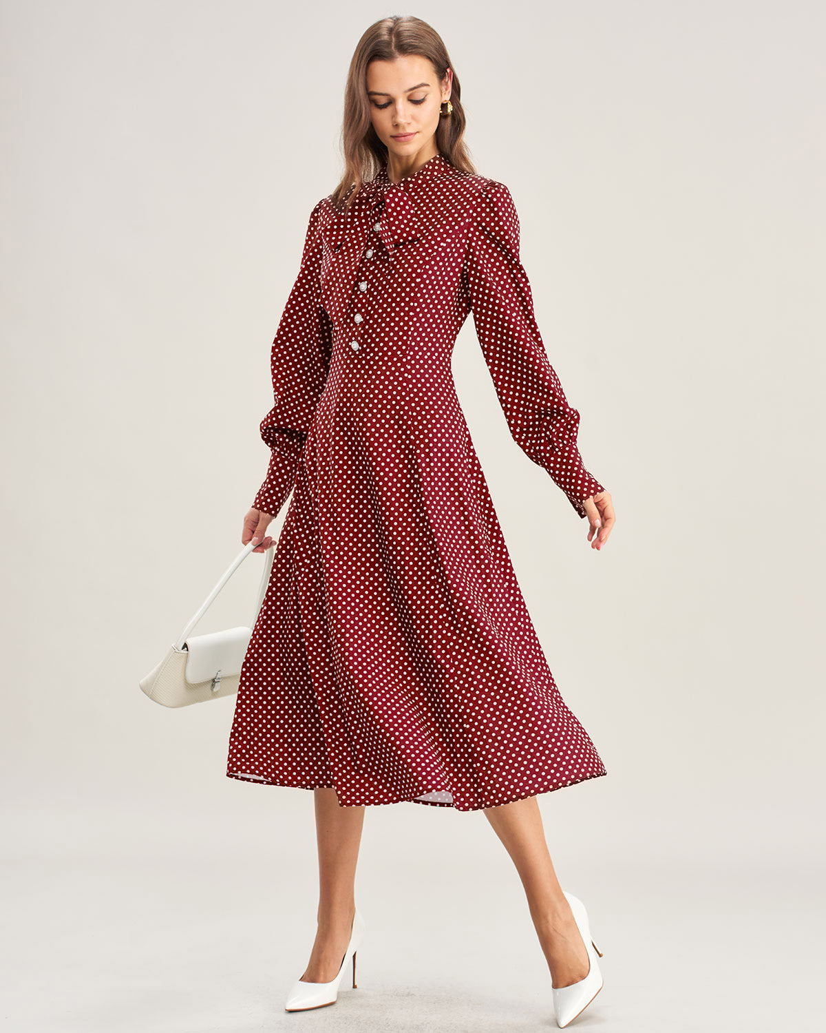 Polka Dot Midi Dress with Bishop Sleeves in Wine Red