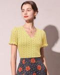 Textured Yellow V-Neck Sweater with Cut-Out Design