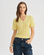 Textured Yellow V-Neck Sweater with Cut-Out Design