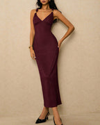 Wine Red V-Neck Cross-Back Maxi Dress