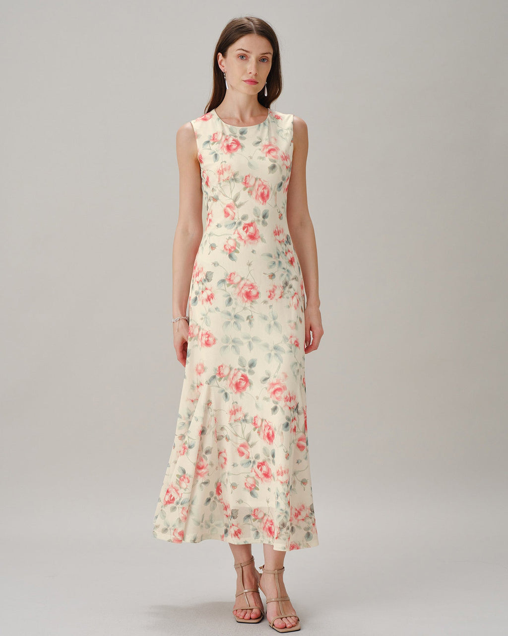 Floral Maxi Dress with Sleeveless Round Neck in Pink