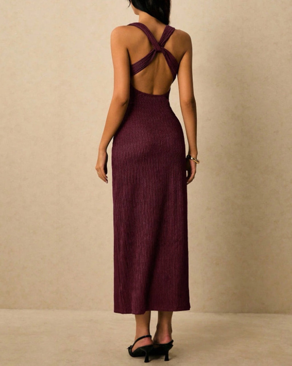 Wine Red V-Neck Cross-Back Maxi Dress