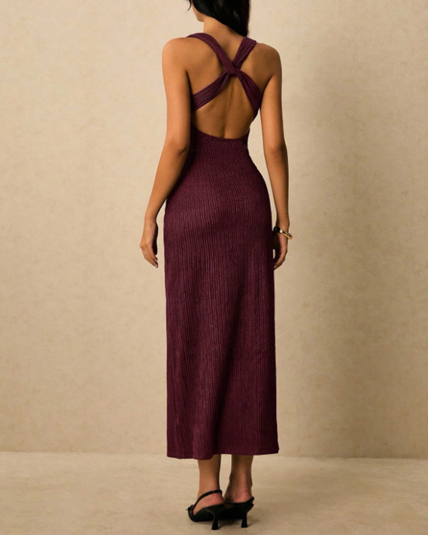 Wine Red V-Neck Cross-Back Maxi Dress