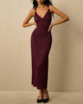Wine Red V-Neck Cross-Back Maxi Dress