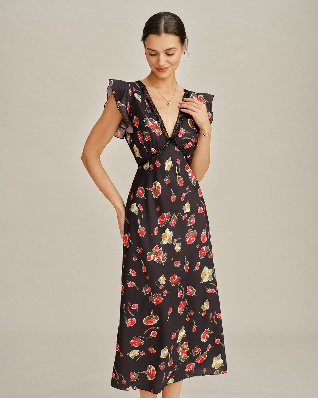 Floral Midi Dress with Black V-Neck and Butterfly Sleeves