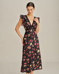 Floral Midi Dress with Black V-Neck and Butterfly Sleeves
