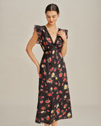 Floral Midi Dress with Black V-Neck and Butterfly Sleeves