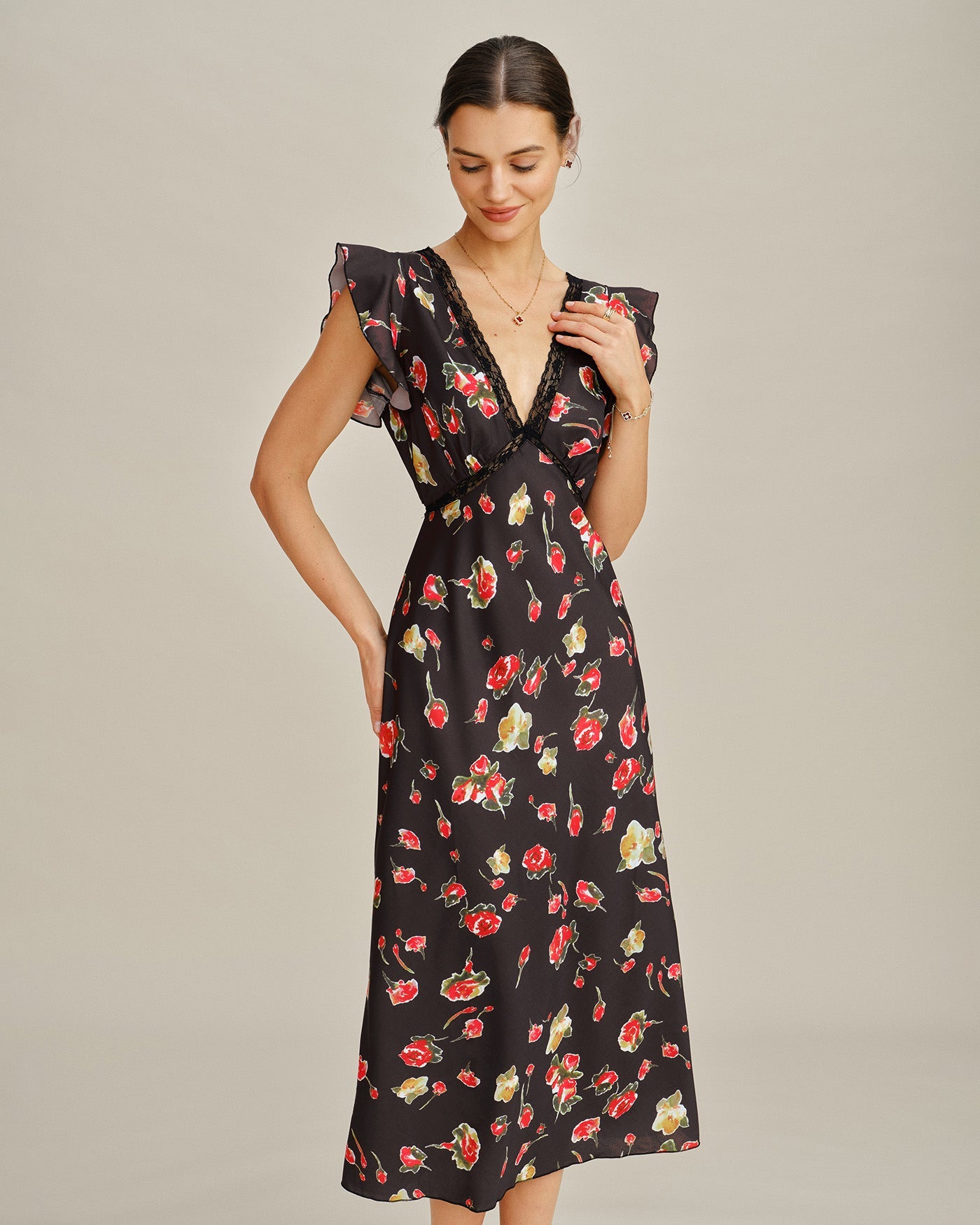Floral Midi Dress with Black V-Neck and Butterfly Sleeves