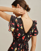 Floral Midi Dress with Black V-Neck and Butterfly Sleeves