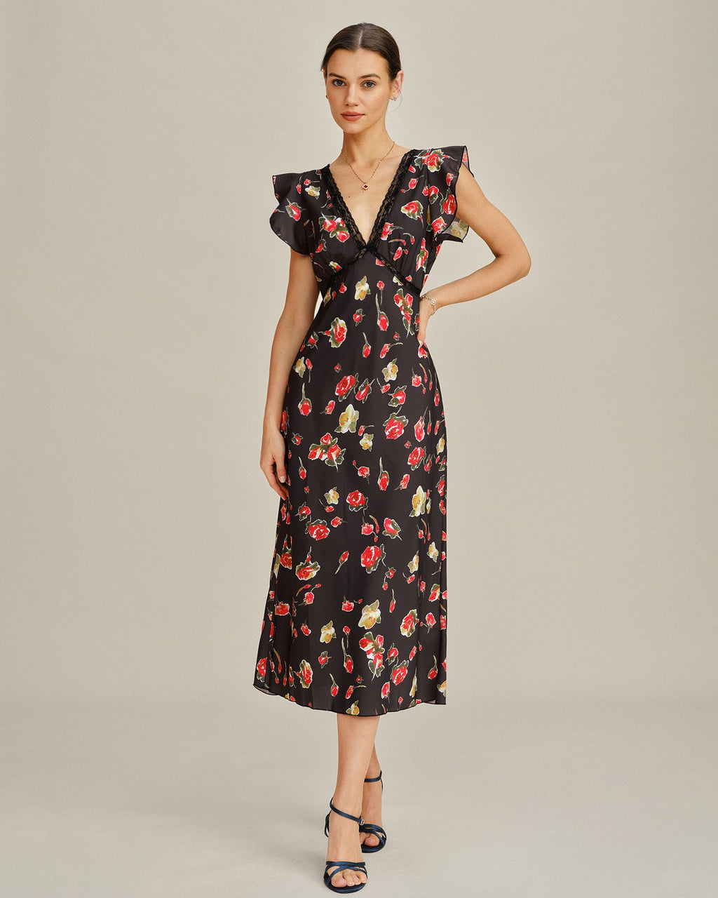Floral Midi Dress with Black V-Neck and Butterfly Sleeves