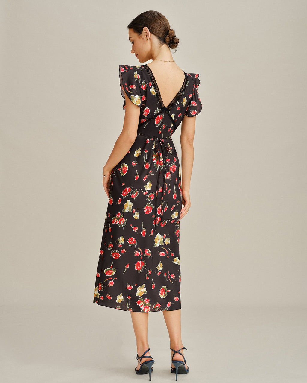 Floral Midi Dress with Black V-Neck and Butterfly Sleeves