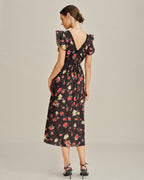 Floral Midi Dress with Black V-Neck and Butterfly Sleeves