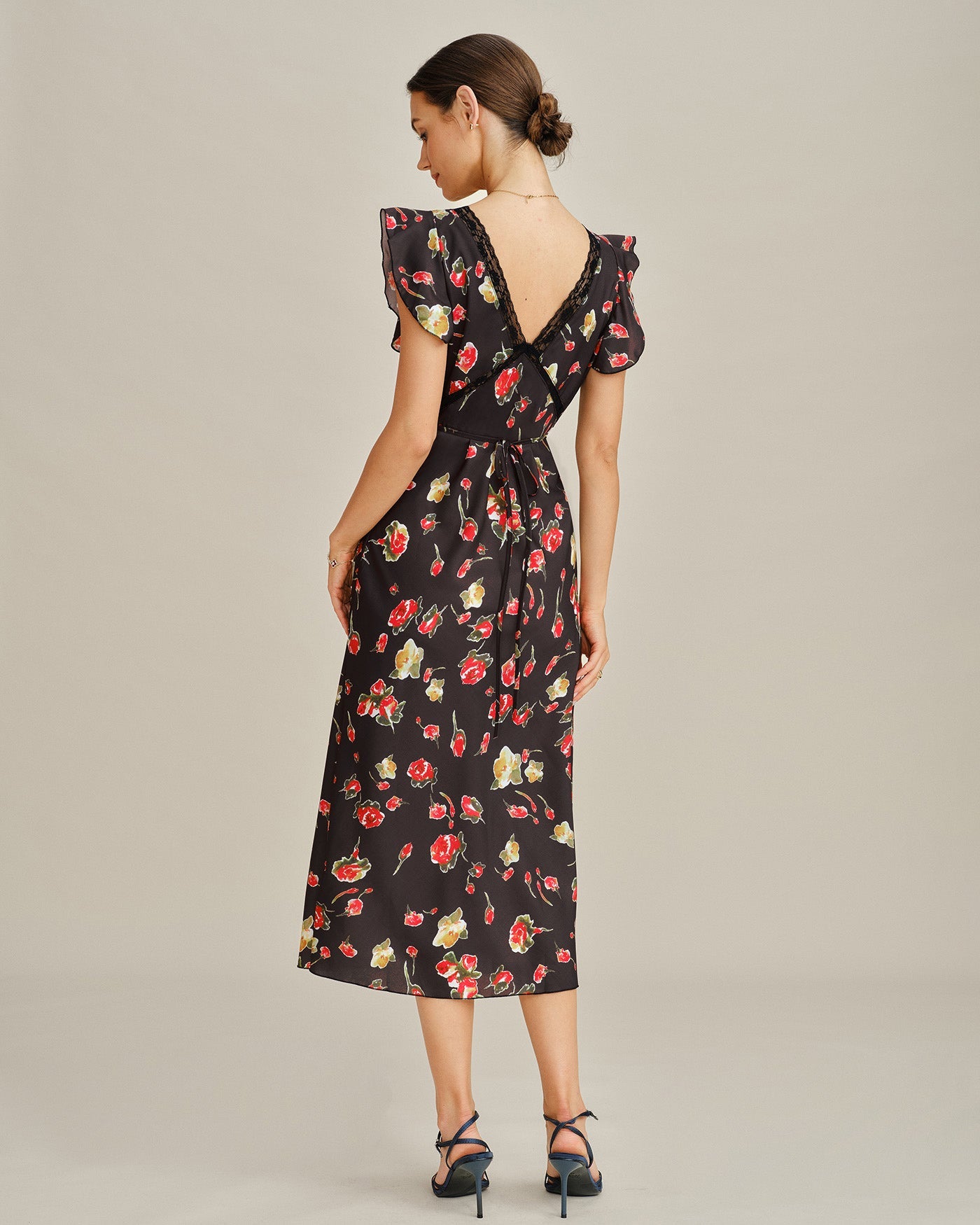 Floral Midi Dress with Black V-Neck and Butterfly Sleeves
