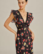 Floral Midi Dress with Black V-Neck and Butterfly Sleeves