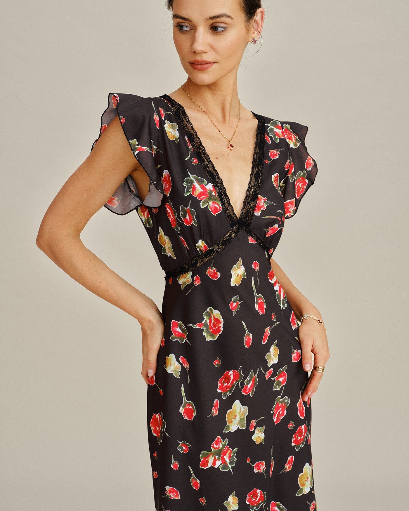 Floral Midi Dress with Black V-Neck and Butterfly Sleeves