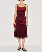 Wine Red Ruched A-Line Midi Dress