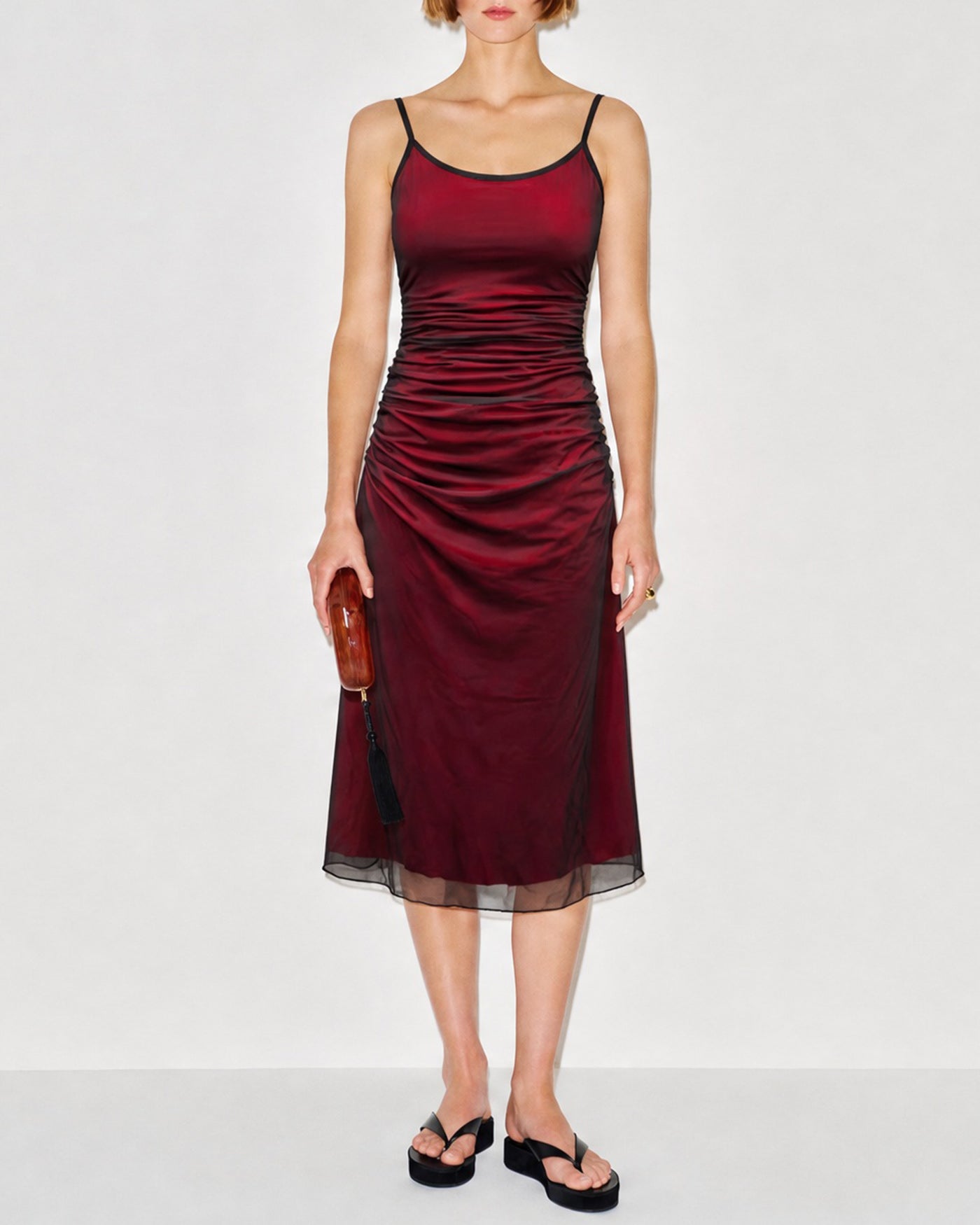 Wine Red Ruched A-Line Midi Dress