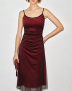 Wine Red Ruched A-Line Midi Dress