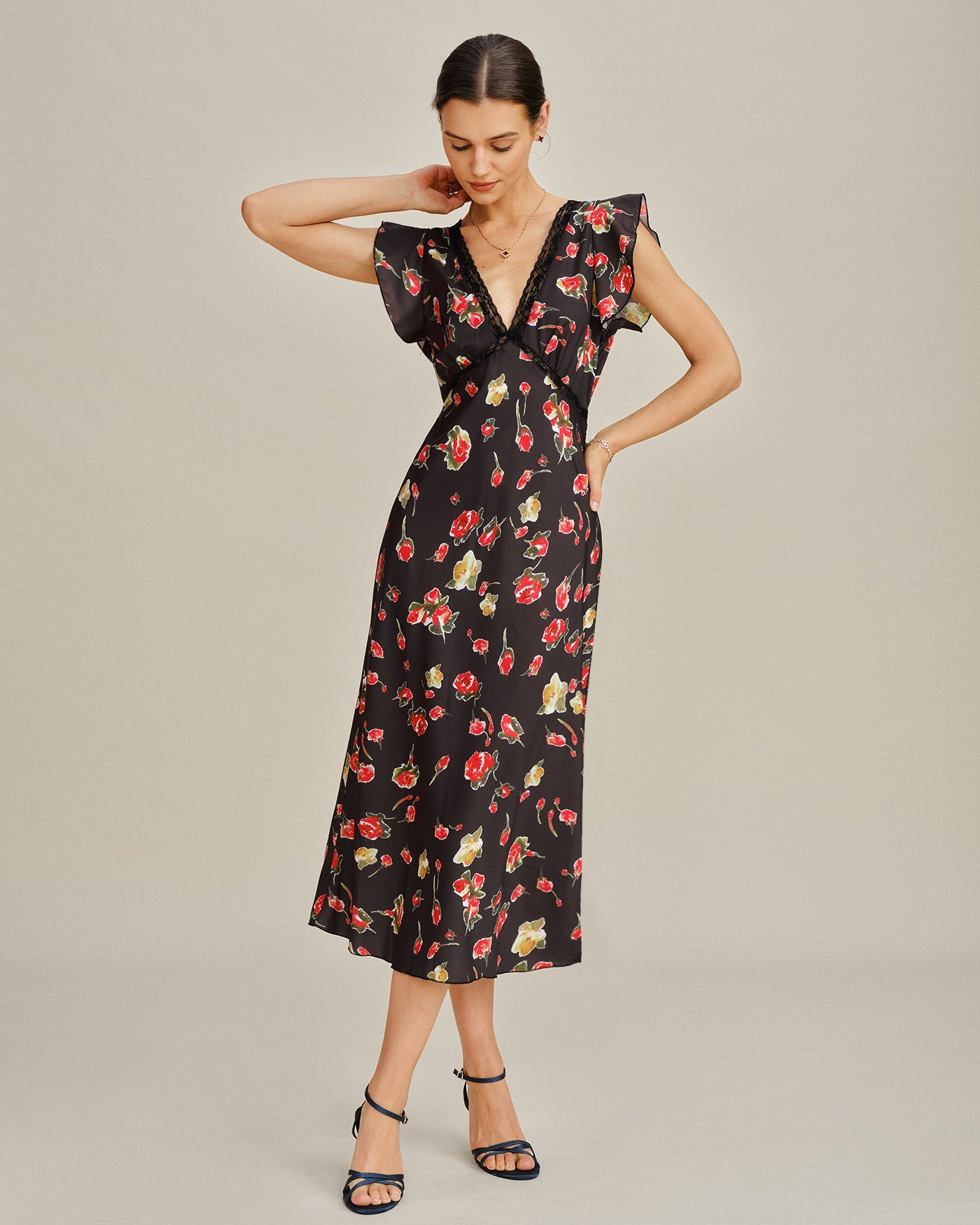 Floral Midi Dress with Black V-Neck and Butterfly Sleeves