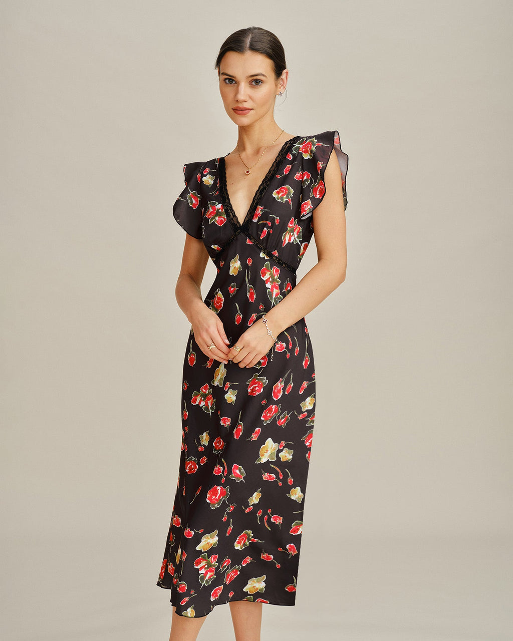 Floral Midi Dress with Black V-Neck and Butterfly Sleeves