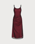 Wine Red Ruched A-Line Midi Dress