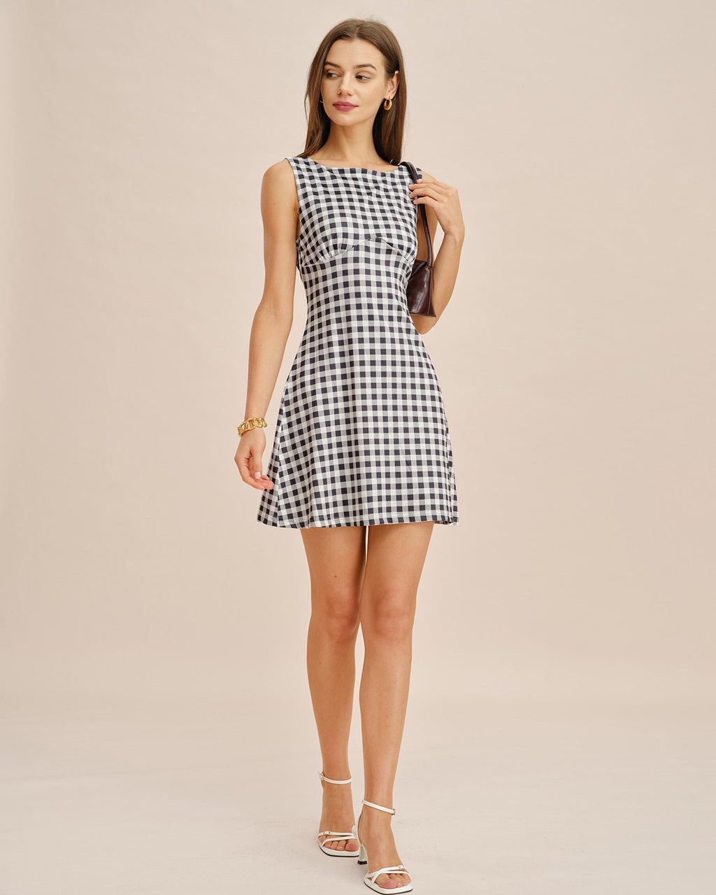 Plaid Mini Dress with Grey Boat Neck