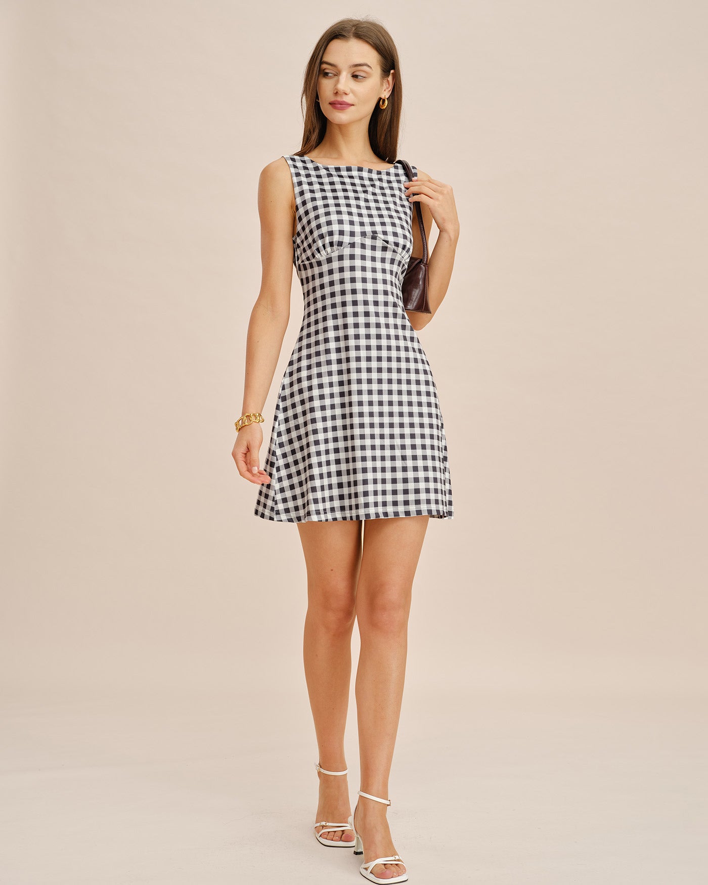 Plaid Mini Dress with Grey Boat Neck