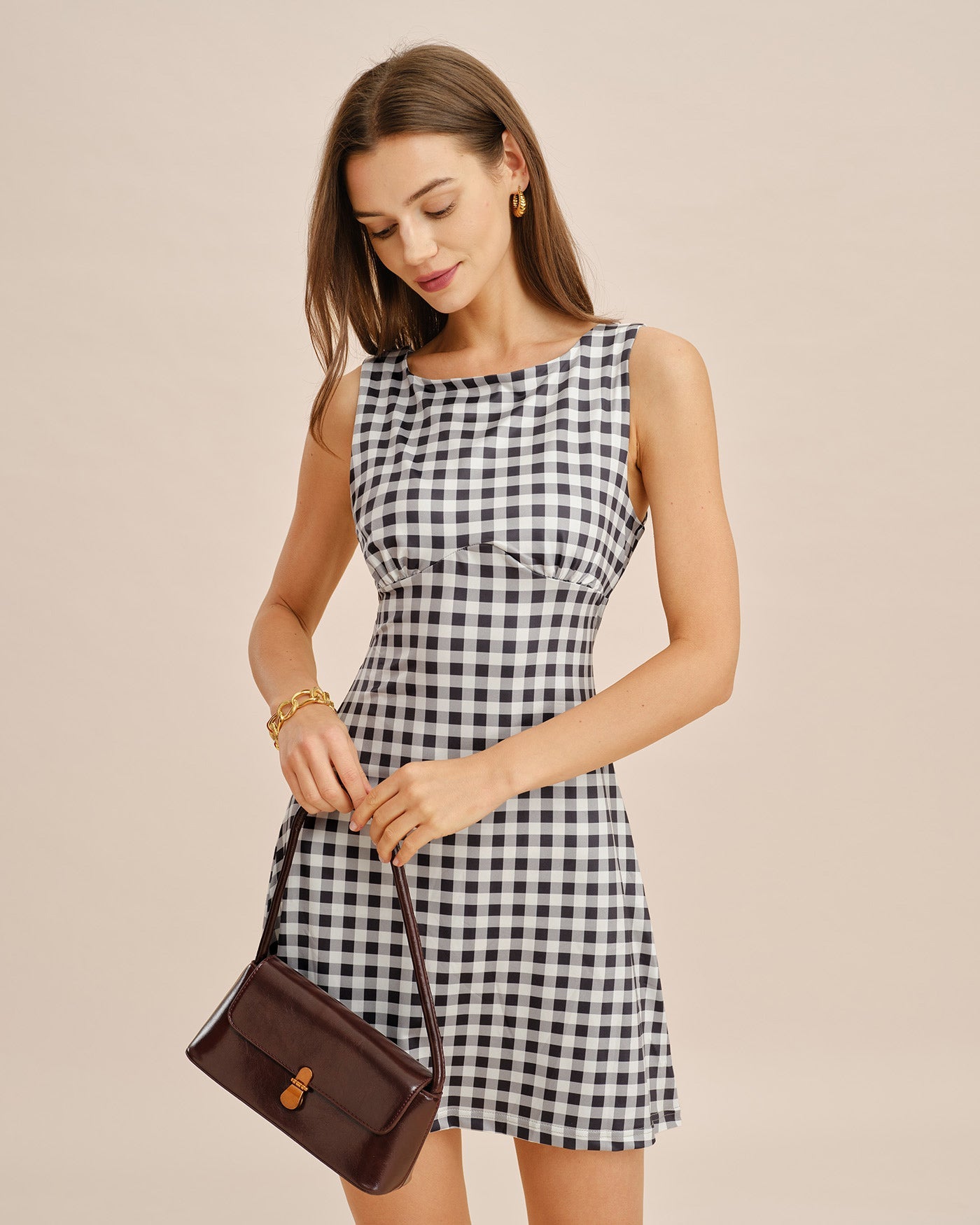 Plaid Mini Dress with Grey Boat Neck