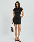 Mini Dress with Black Boat Neck and Lace Accents