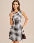 Plaid Mini Dress with Grey Boat Neck