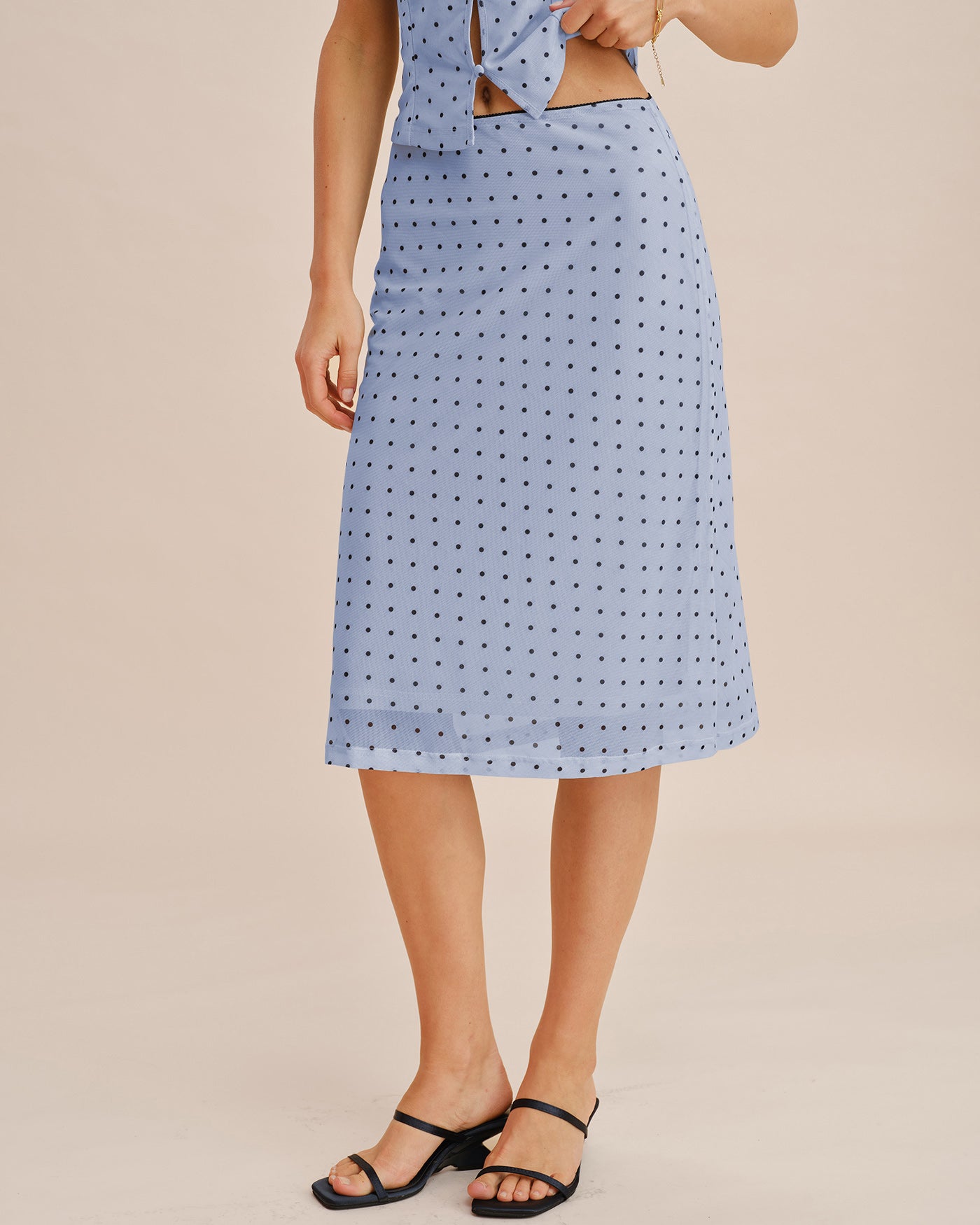 Blue A-Line Skirt with Polka Dot Splicing