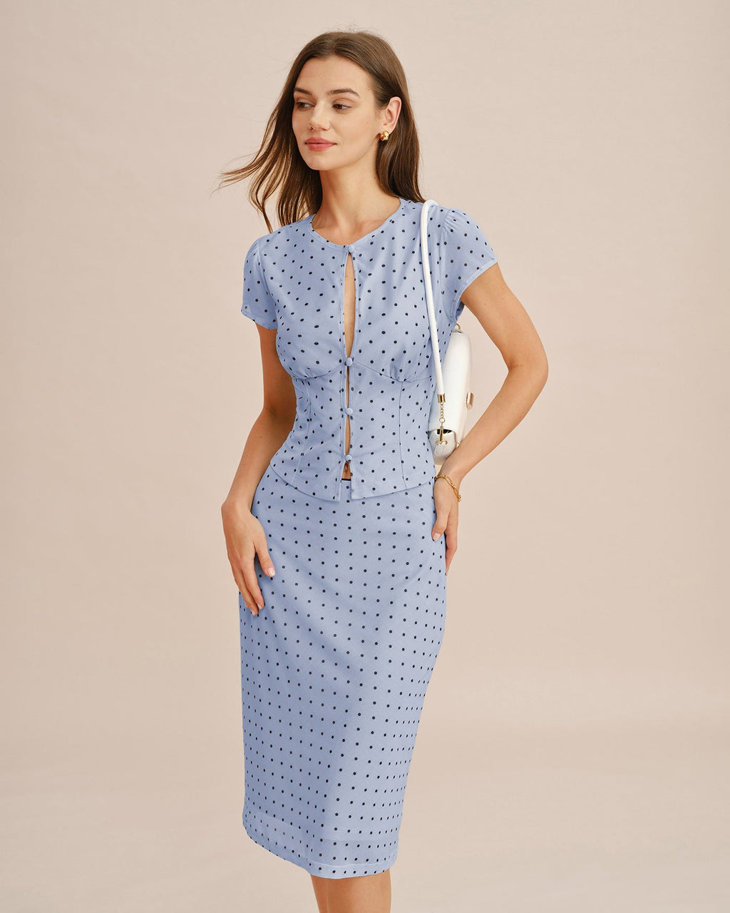 Blue A-Line Skirt with Polka Dot Splicing