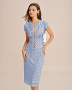 Blue A-Line Skirt with Polka Dot Splicing