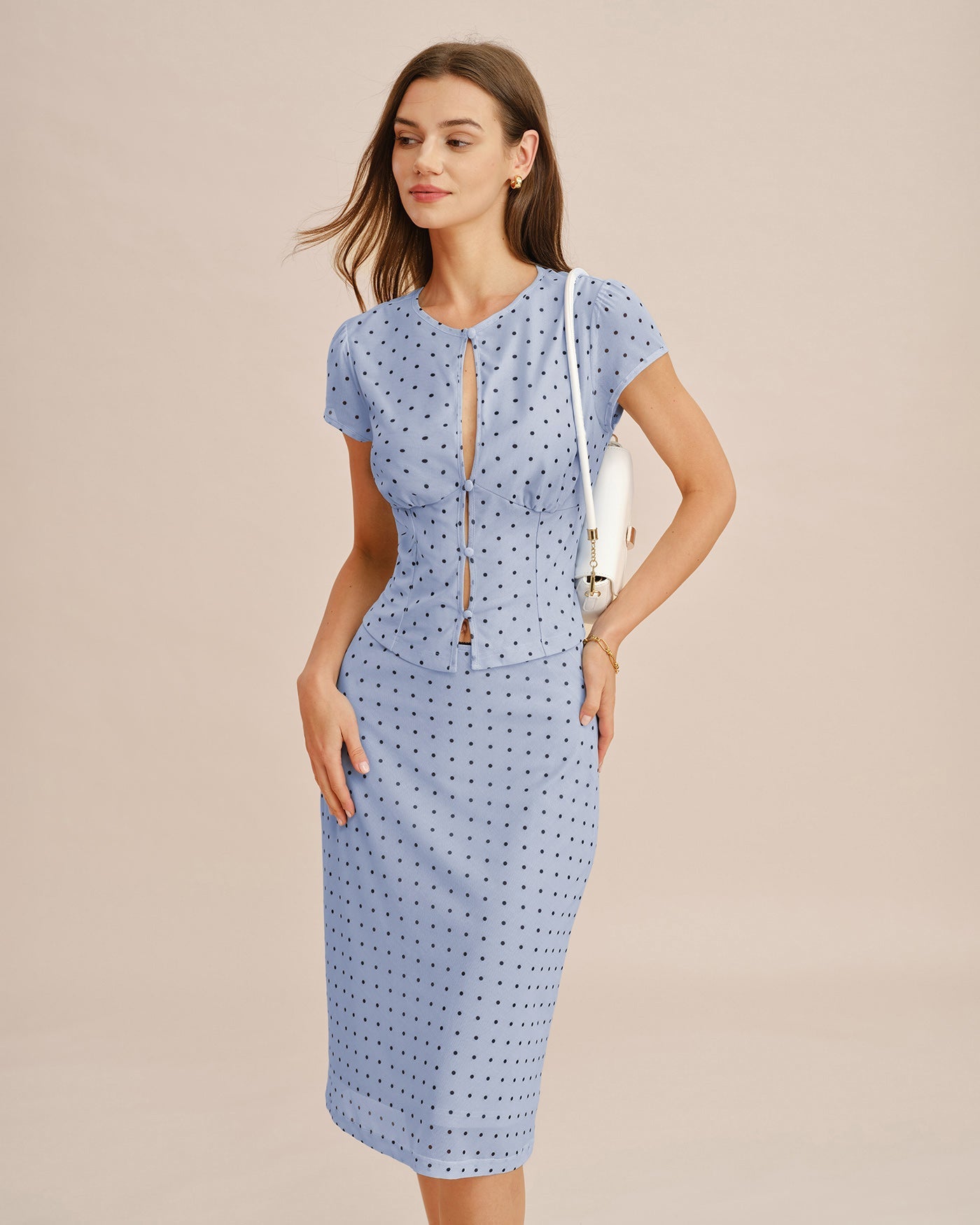 Blue A-Line Skirt with Polka Dot Splicing
