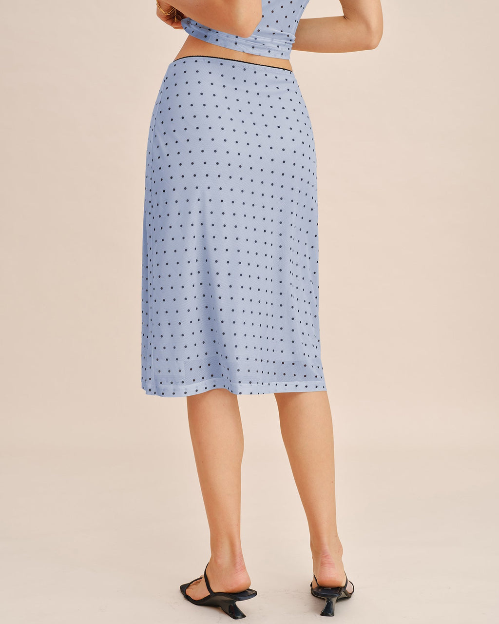 Blue A-Line Skirt with Polka Dot Splicing