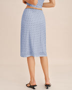 Blue A-Line Skirt with Polka Dot Splicing