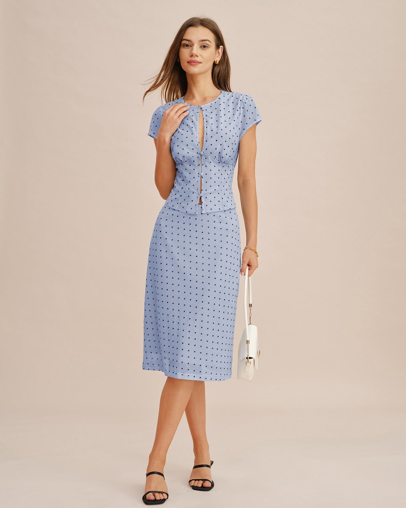 Blue A-Line Skirt with Polka Dot Splicing