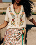 Floral Embroidered V-Neck Sweater in Apricot
