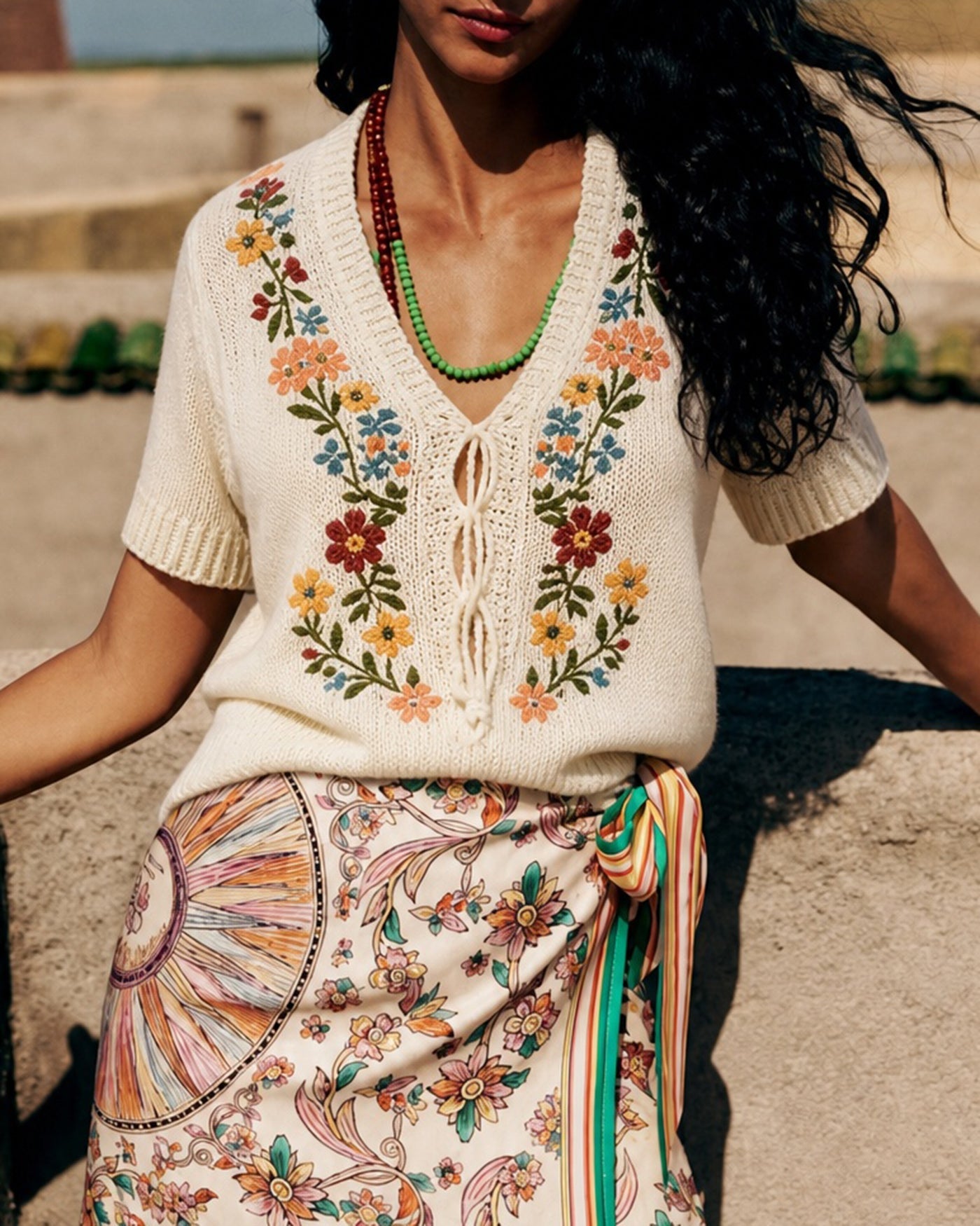 Floral Embroidered V-Neck Sweater in Apricot