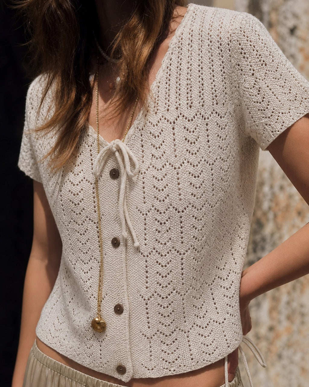 Textured Knit Cardigan with V-Neck and Buttons in Beige
