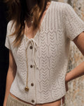 Textured Knit Cardigan with V-Neck and Buttons in Beige