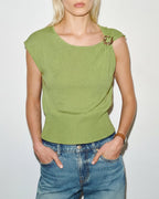Green Knit Sweater with Round Neck and Drop Shoulders